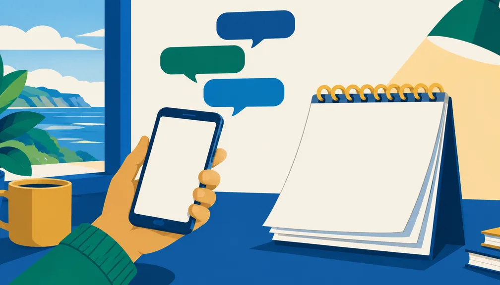 Illustration of a hand holding a phone with message bubbles, beside a desk calendar