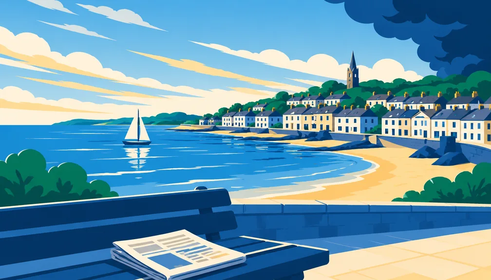 Illustration of a calm seaside town with storm clouds clearing and a newspaper on a bench
