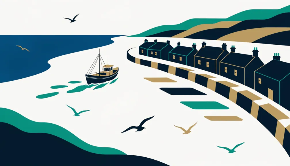 Illustration of a fishing boat returning to a British harbour
