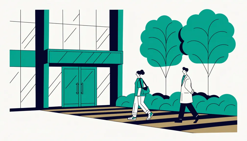 Illustration of a nurse and doctor walking outside a hospital